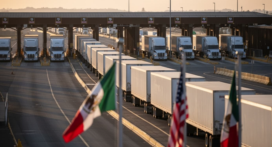 Fila de tráilers cruzando la frontera entre México y Estados Unidos al amanecer
